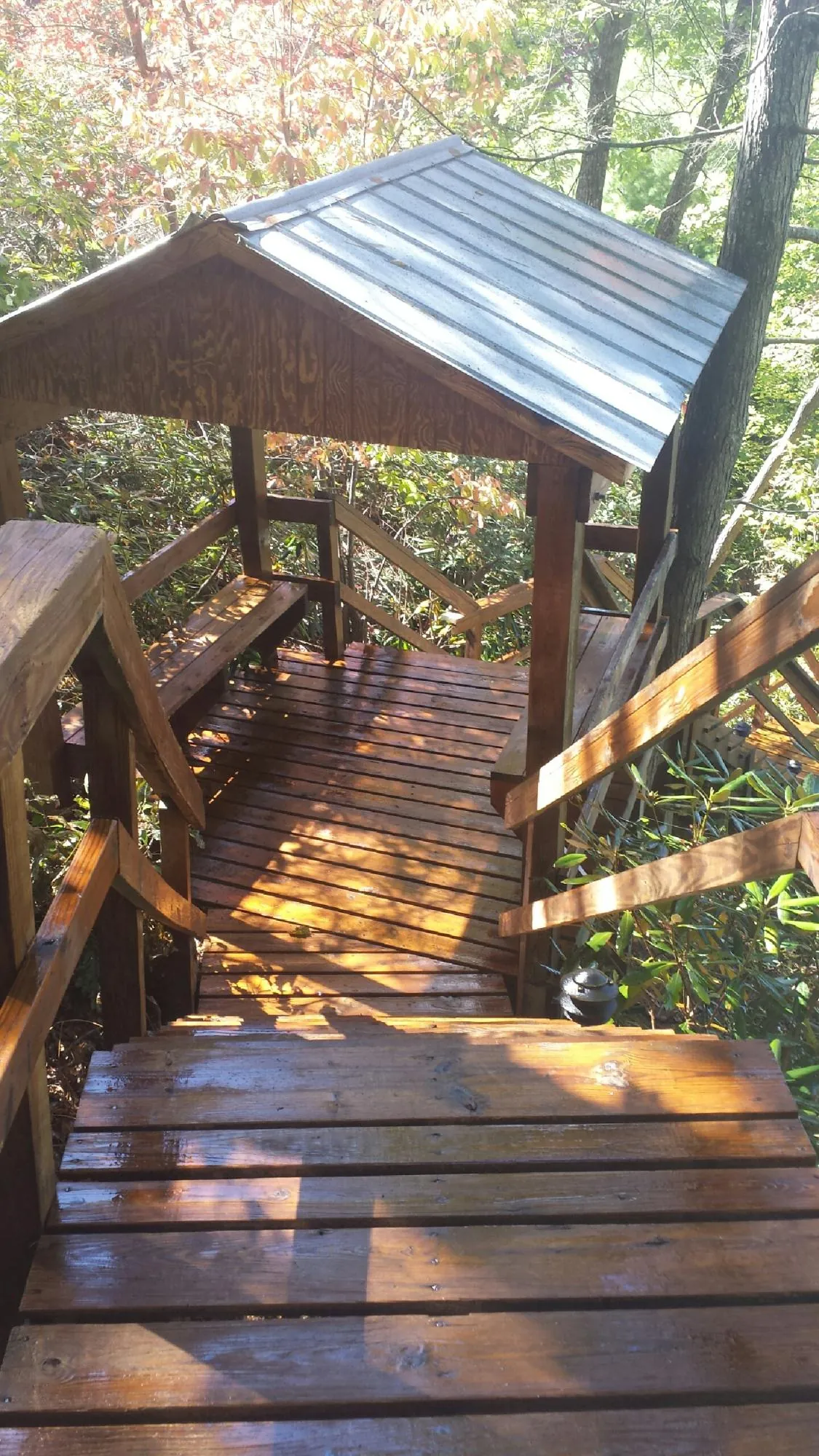 Freshly stained wood walkway and covered shelter with a metal roof in Henderson